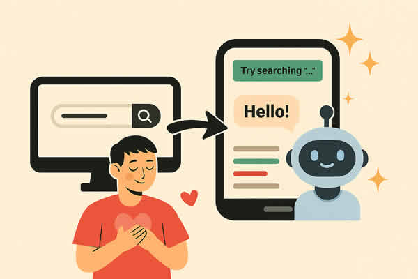 ilustración generada por Copilot IA, una persona, corazones en el aire, computadora