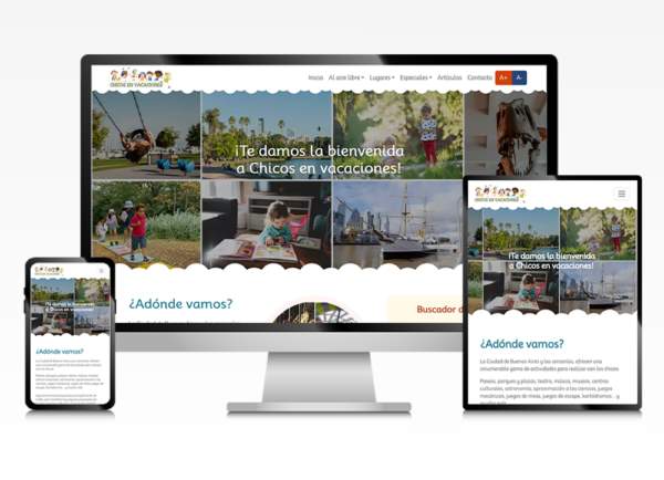 sitio web para Chicos en vacaciones, vista del sitio en formato escritorio, tablet, celular